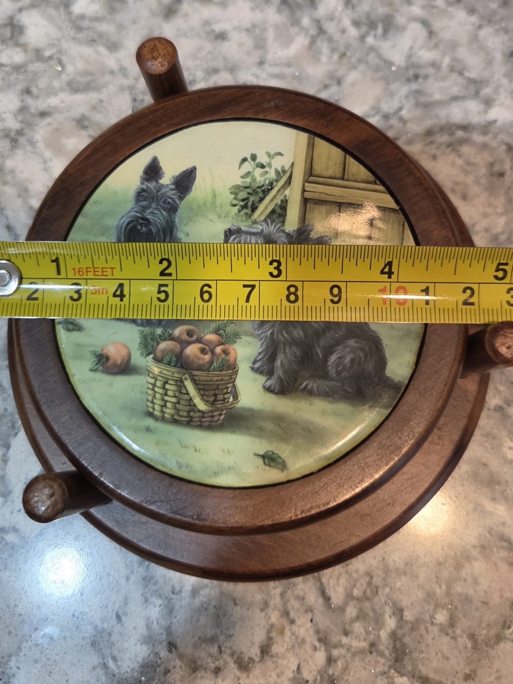 Set of 4 Coasters & Caddy Scottish Terriers Round Wood Ceramic Tiles Dogs 2002 - Picture 7 of 8
